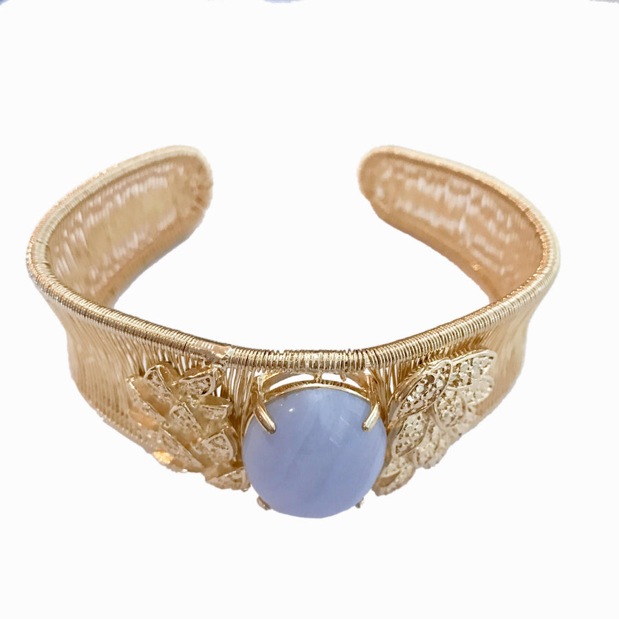Woven Cabochon Bracelet With Leaf - Blue Lace Agate - Anny Stern Jewelry