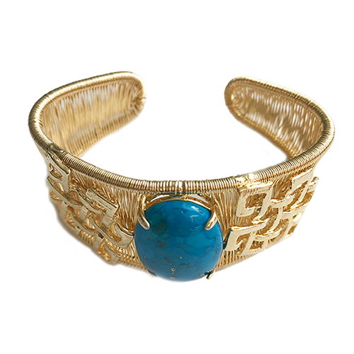 Woven Cabochon Bracelet With Accent Cuff - Stabilized Turquoise - Anny Stern Jewelry