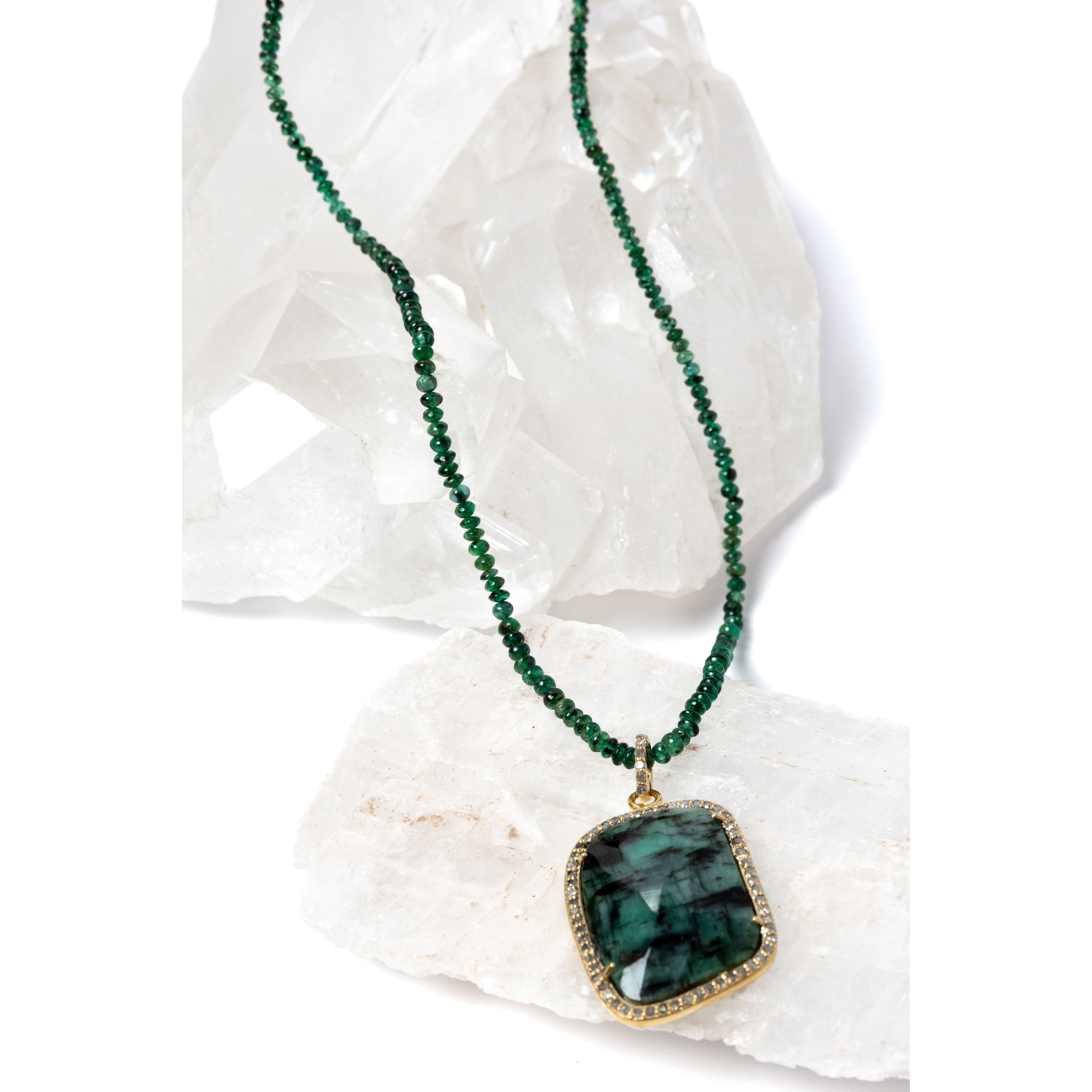 Close-up of the Emerald Wisdom necklace highlighting faceted emerald rondelles, revealing their natural depth, subtle brilliance, and richly saturated green tones.