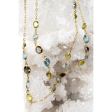 Rare Harmony gold station necklace featuring smoky quartz, blue topaz, and peridot gemstones, thoughtfully spaced along a fine chain to create a harmonious flow of color and light.