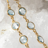 Close-up of the Soft Tide necklace showing blue topaz stones in bezel settings along a fine gold chain.