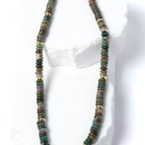 Luxury handcrafted multicolor gemstone necklace featuring polished rondelle beads in rich earthy green, teal, brown, plum, and muted natural tones with gold accents.