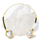 Handcrafted open-front gold-plated collar necklace featuring two organically shaped baroque pearls with a bold yet elegant contemporary design.