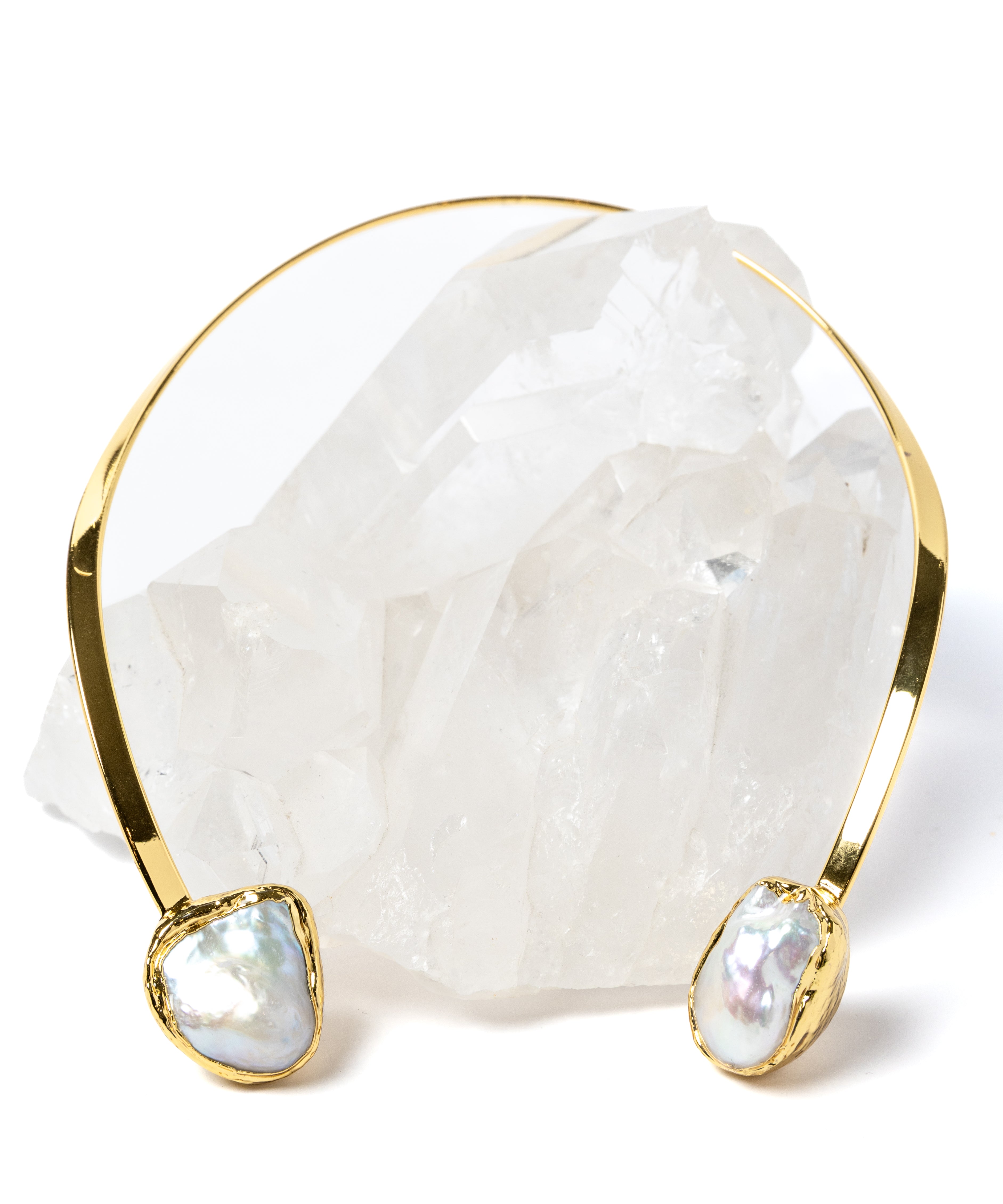 Handcrafted open-front gold-plated collar necklace featuring two organically shaped baroque pearls with a bold yet elegant contemporary design.