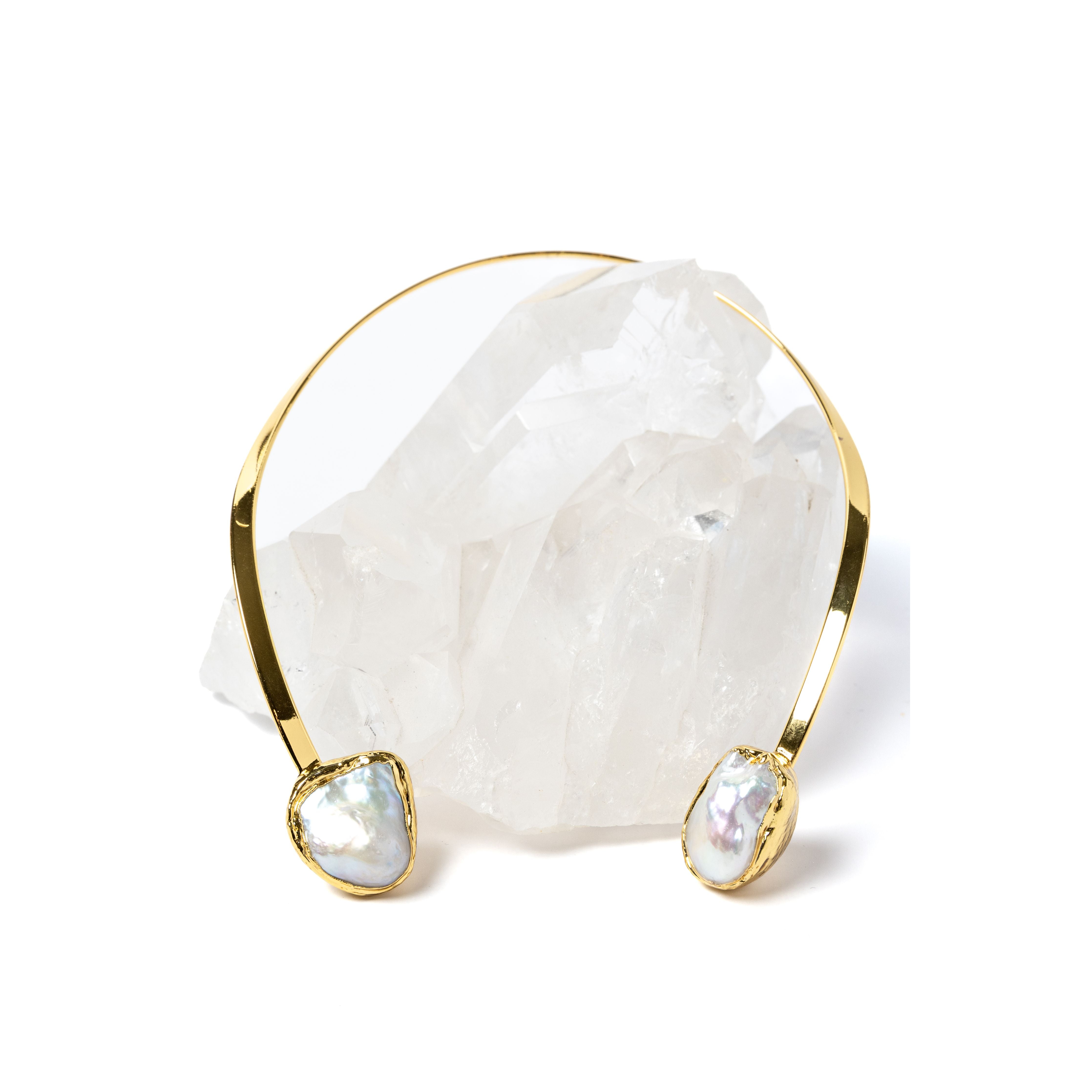 Handcrafted open-front gold-plated collar necklace featuring two organically shaped baroque pearls with a bold yet elegant contemporary design.