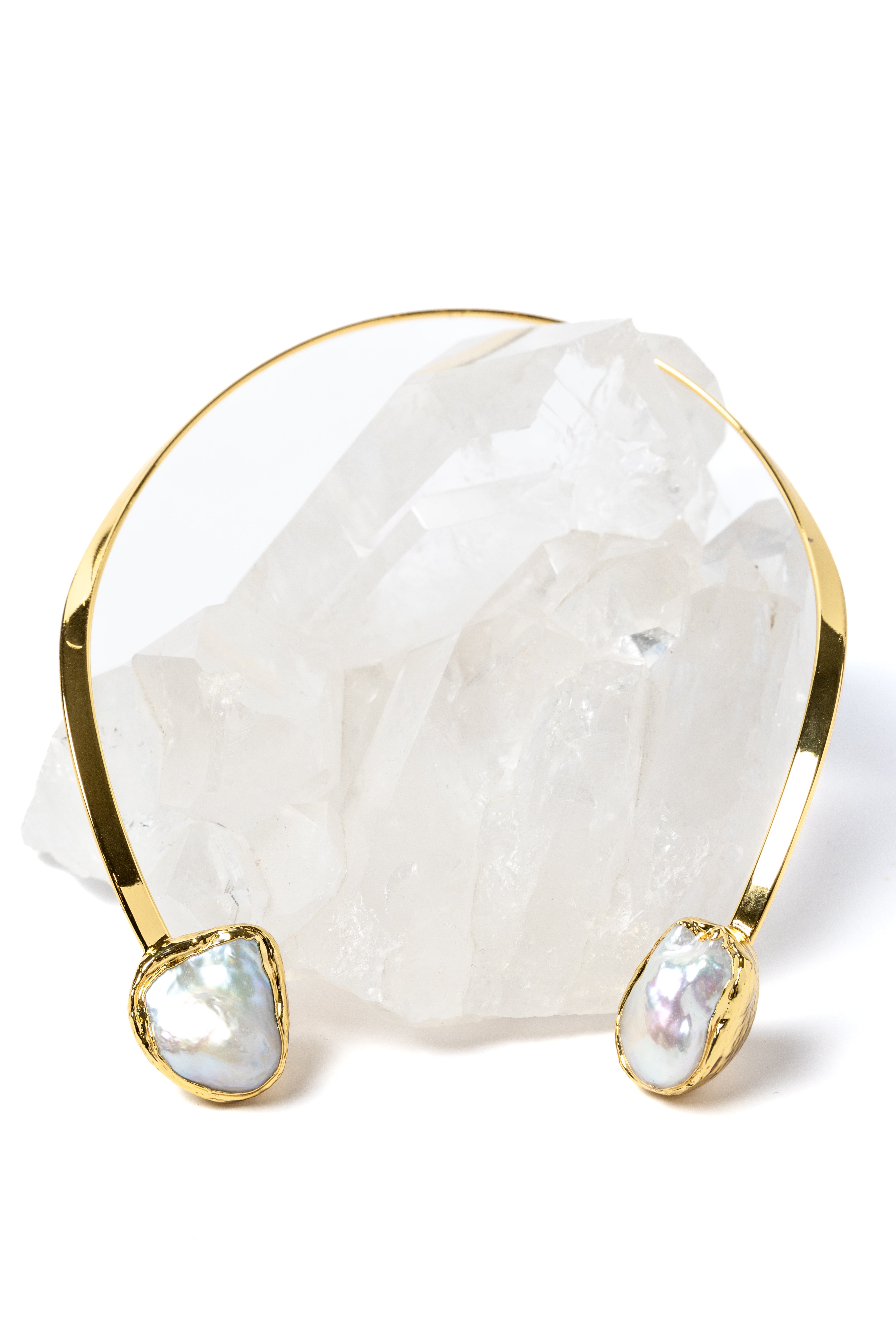 Handcrafted open-front gold-plated collar necklace featuring two organically shaped baroque pearls with a bold yet elegant contemporary design.