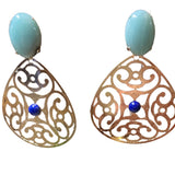 18k gold-plated filigree drop earrings featuring oval amazonite cabochons with lapis accent stones in an intricate openwork teardrop design.