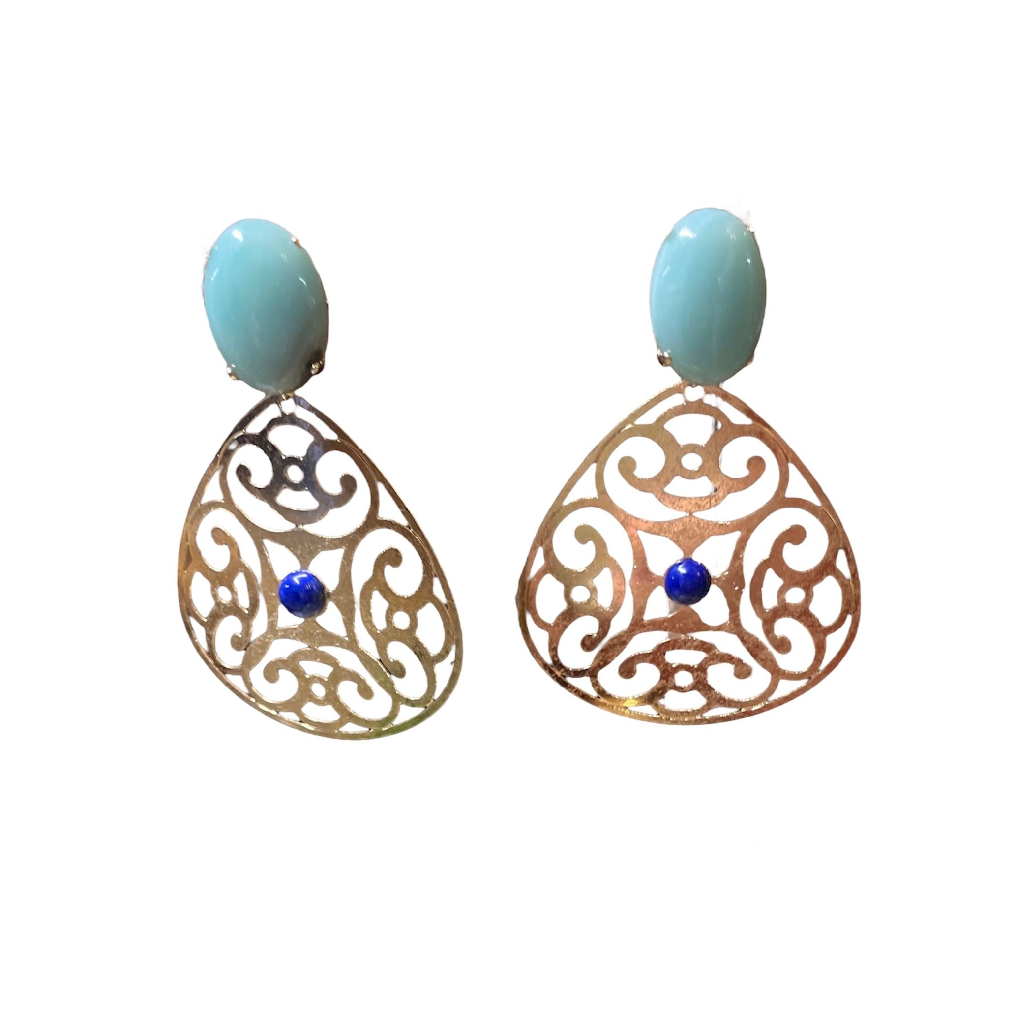 18k gold-plated filigree drop earrings featuring oval amazonite cabochons with lapis accent stones in an intricate openwork teardrop design.