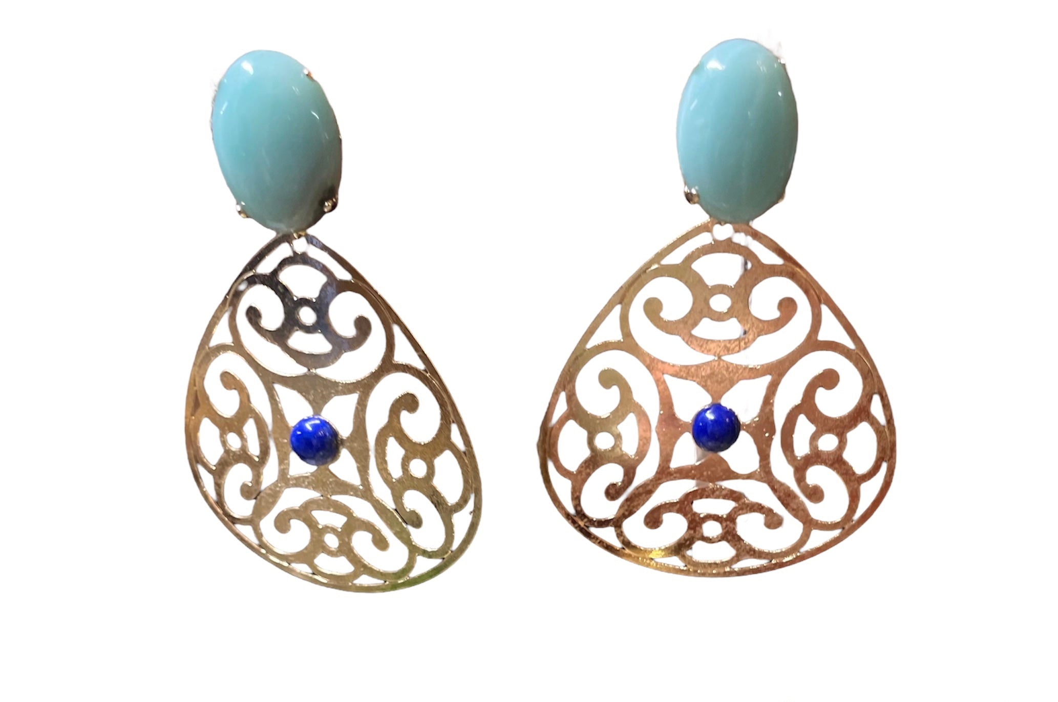 18k gold-plated filigree drop earrings featuring oval amazonite cabochons with lapis accent stones in an intricate openwork teardrop design.
