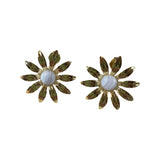 Gold-plated sunflower earrings with blue lace agate cabochons in soft blue, lavender, gray, and white tones