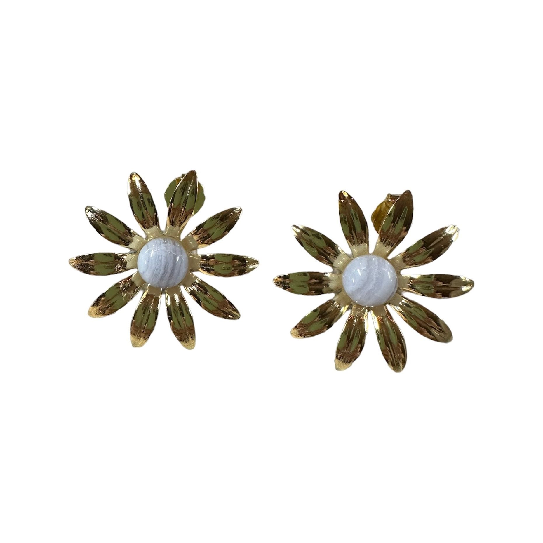 Gold-plated sunflower earrings with blue lace agate cabochons in soft blue, lavender, gray, and white tones