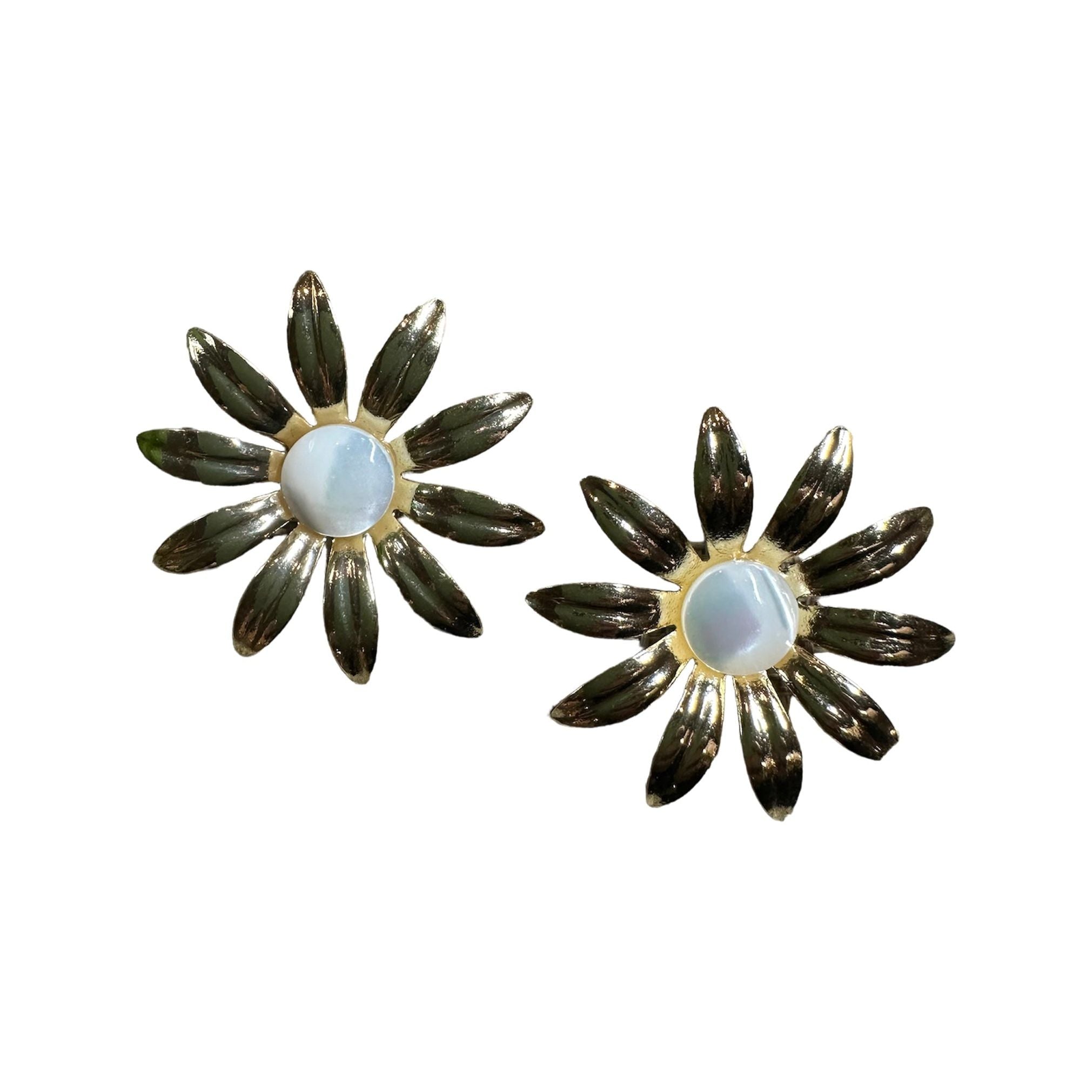 Gold-plated sunflower earrings with luminous mother of pearl cabochons and sculptural floral petal design