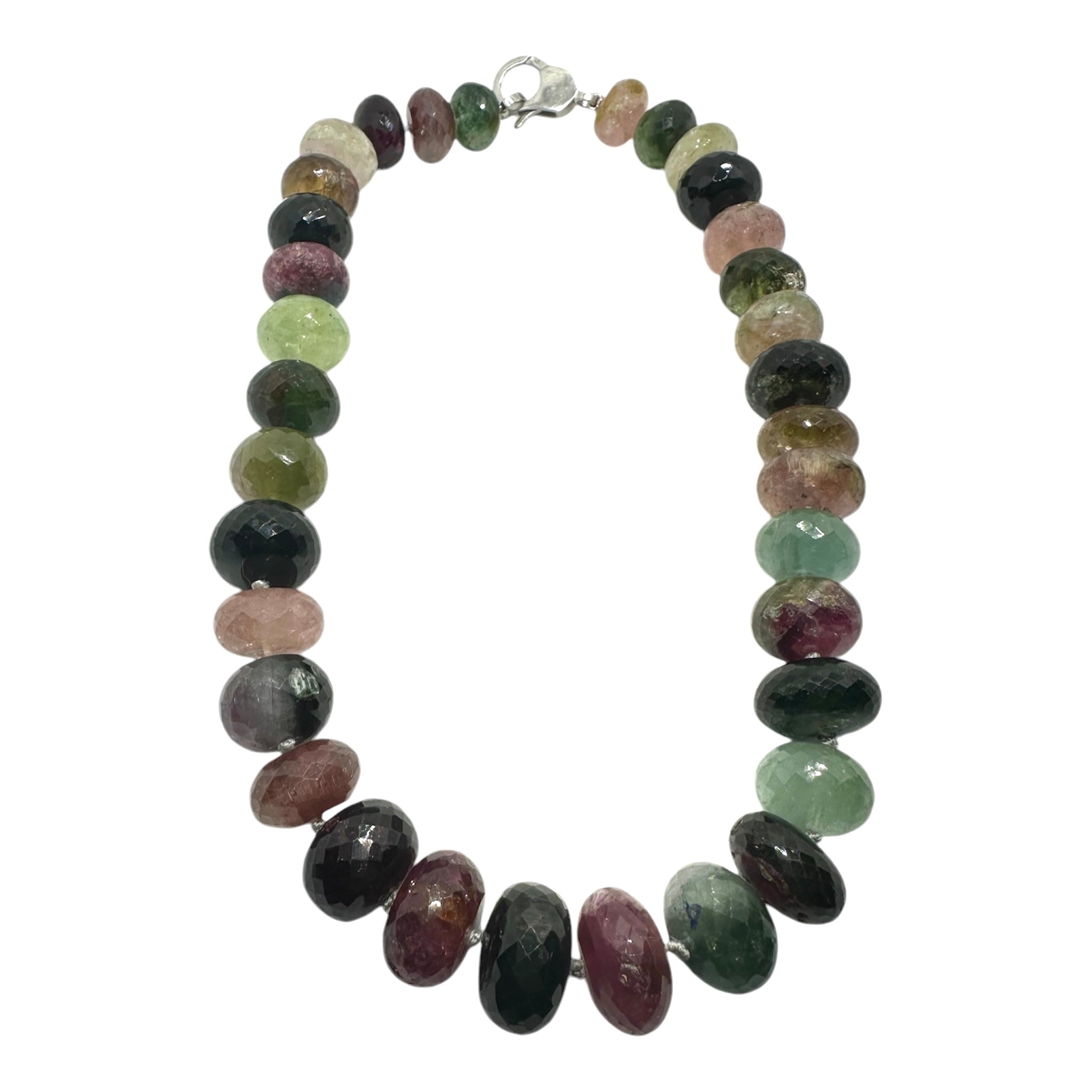 Luxury handcrafted rainbow tourmaline necklace featuring large faceted multicolor tourmaline rondelles with rich natural tones and a bold statement silhouette.