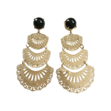 18k gold-plated cascading statement earrings with layered openwork design and vivid royal-blue onyx cabochons