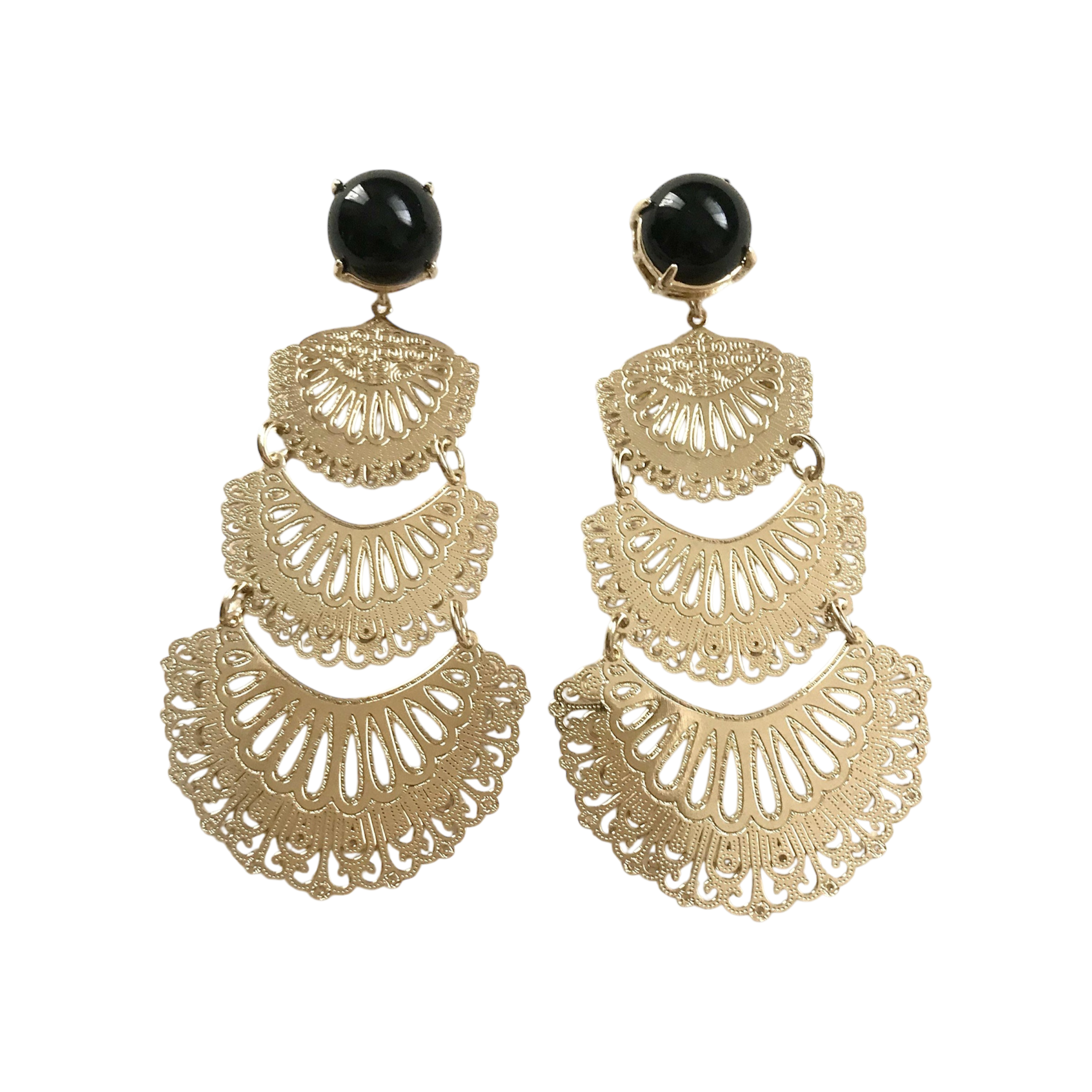 18k gold-plated cascading statement earrings with layered openwork design and vivid royal-blue onyx cabochons