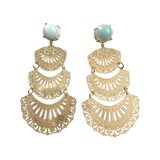 18k gold-plated cascading statement earrings with layered openwork drops and soft aqua amazonite cabochons
