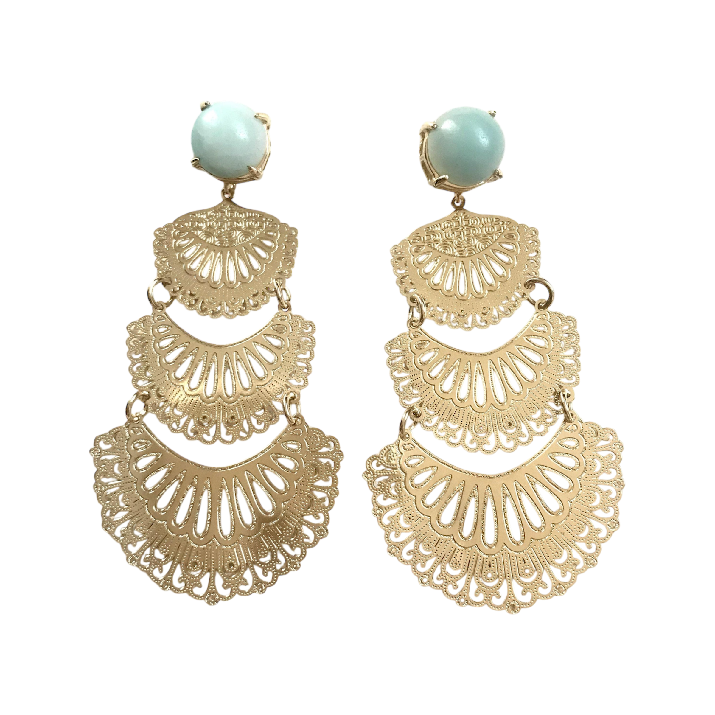 18k gold-plated cascading statement earrings with layered openwork drops and soft aqua amazonite cabochons