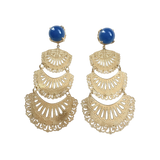 18k gold-plated cascading statement earrings with layered openwork design and vivid royal-blue onyx cabochons