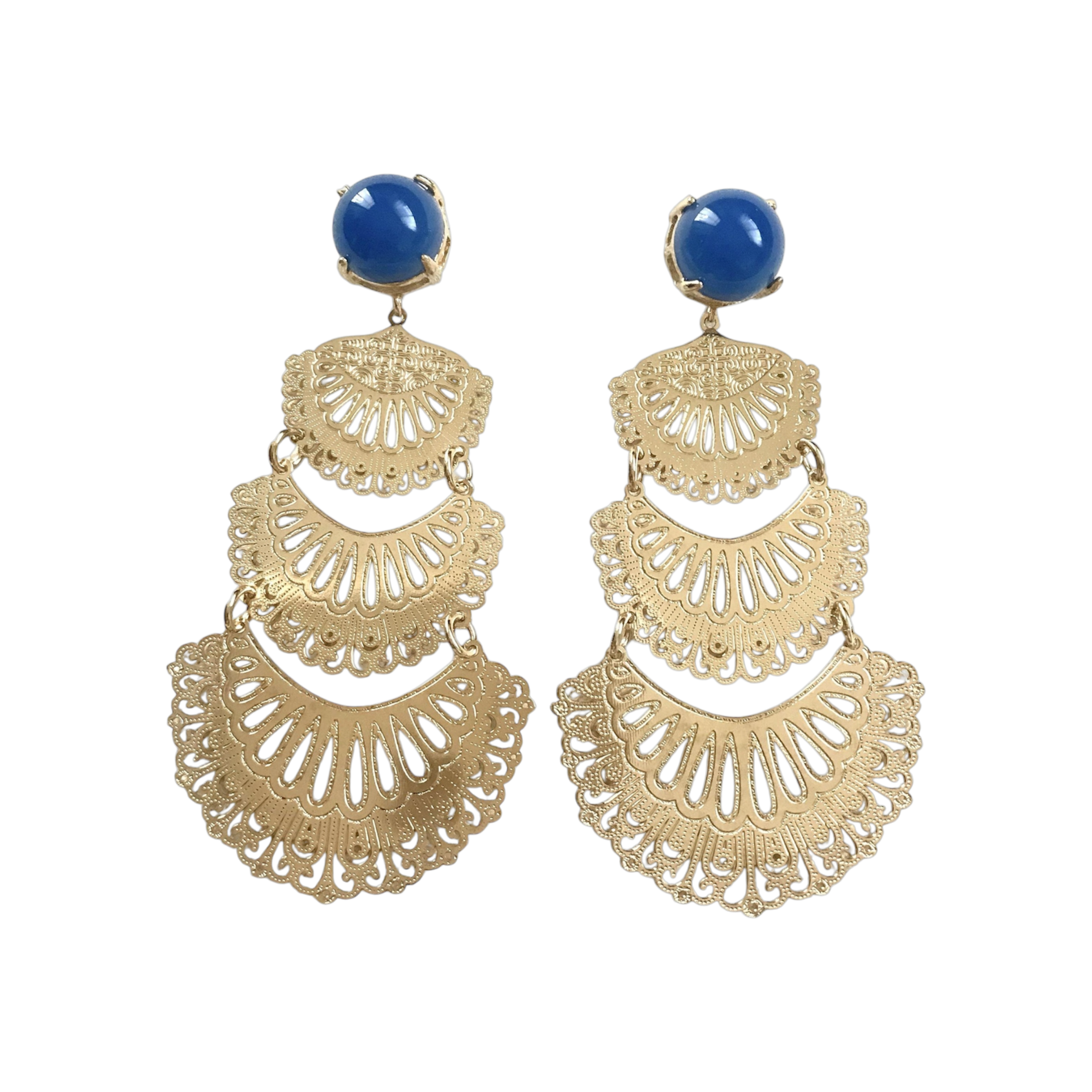 18k gold-plated cascading statement earrings with layered openwork design and vivid royal-blue onyx cabochons