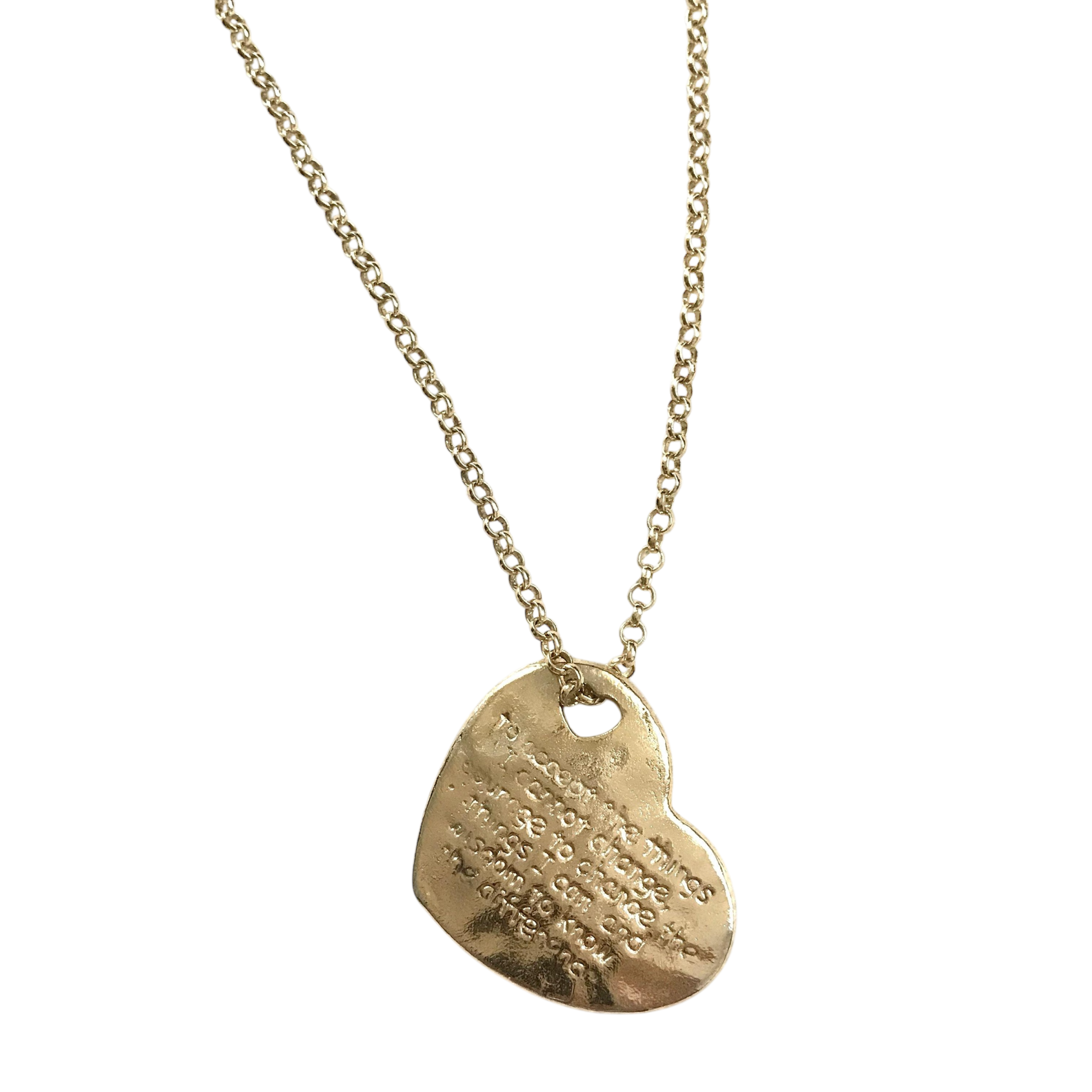 18k gold-plated textured heart necklace engraved with the Serenity Prayer, featuring an organic sculptural finish and designed for meaningful everyday wear.
