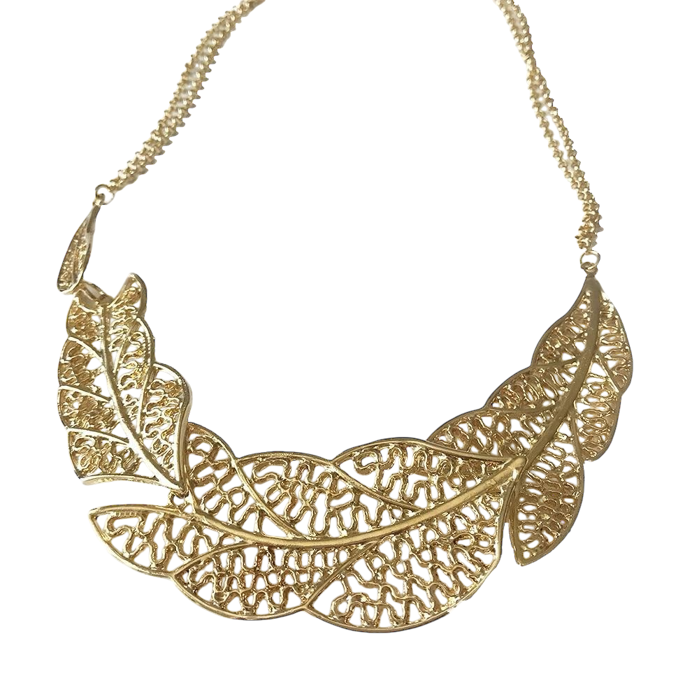 18k gold-plated statement necklace featuring layered sculptural leaf elements with openwork detailing and adjustable chain styling.