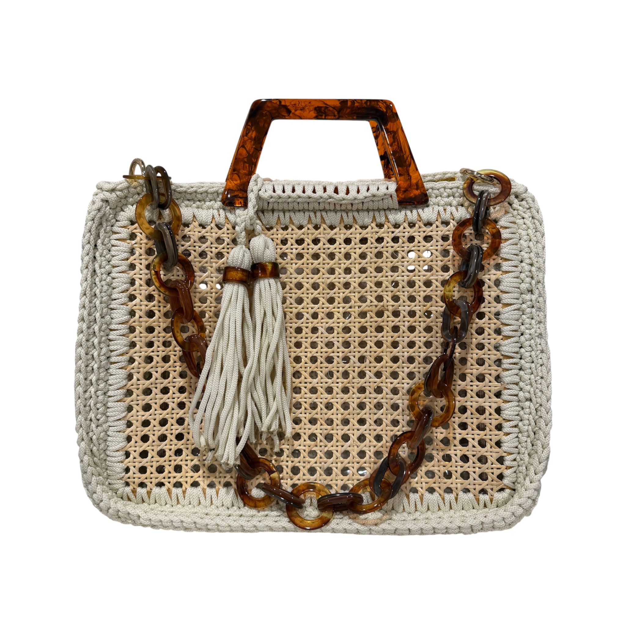 Off-white handcrafted luxury handbag featuring an architectural woven rattan center, richly textured crochet frame, sculptural marbled resin handles, statement resin chain strap, and elongated tassel detail with an airy open silhouette and elevated natural textures.