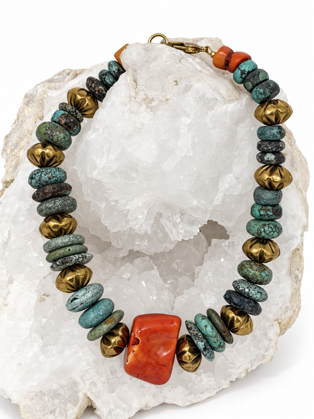 Atlantis one-of-a-kind necklace with natural turquoise, vintage coral centerpiece, vintage brass beads and oversized lobster clasp