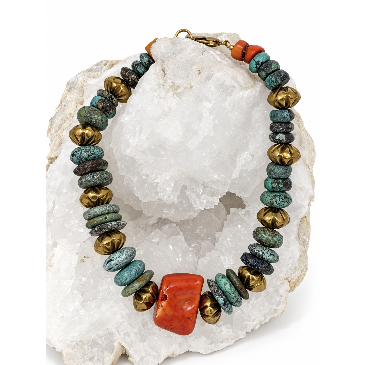 Atlantis one-of-a-kind necklace with natural turquoise, vintage coral centerpiece, vintage brass beads and oversized lobster clasp