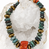 Atlantis one-of-a-kind necklace with natural turquoise, vintage coral centerpiece, vintage brass beads and oversized lobster clasp
