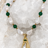 Natural baroque pearl and green agate necklace featuring gold-plated brass accents and a distinctive statement pendant.