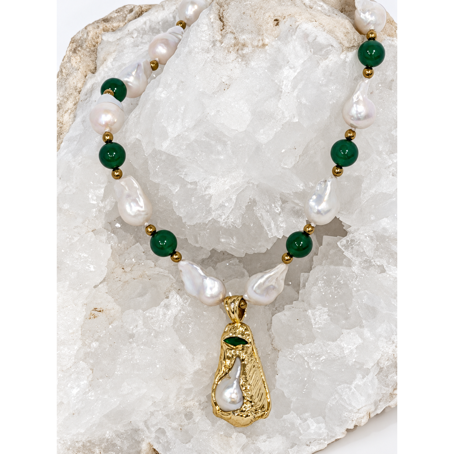 Natural baroque pearl and green agate necklace featuring gold-plated brass accents and a distinctive statement pendant.