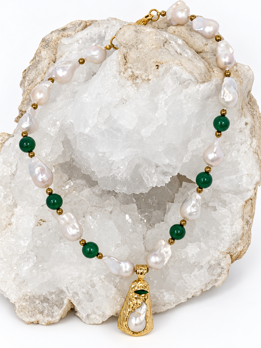 One-of-a-kind necklace with natural baroque pearls, green agate, gold-plated brass details, and a statement pearl and green agate pendant.