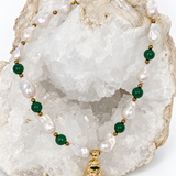One-of-a-kind necklace with natural baroque pearls, green agate, gold-plated brass details, and a statement pearl and green agate pendant.