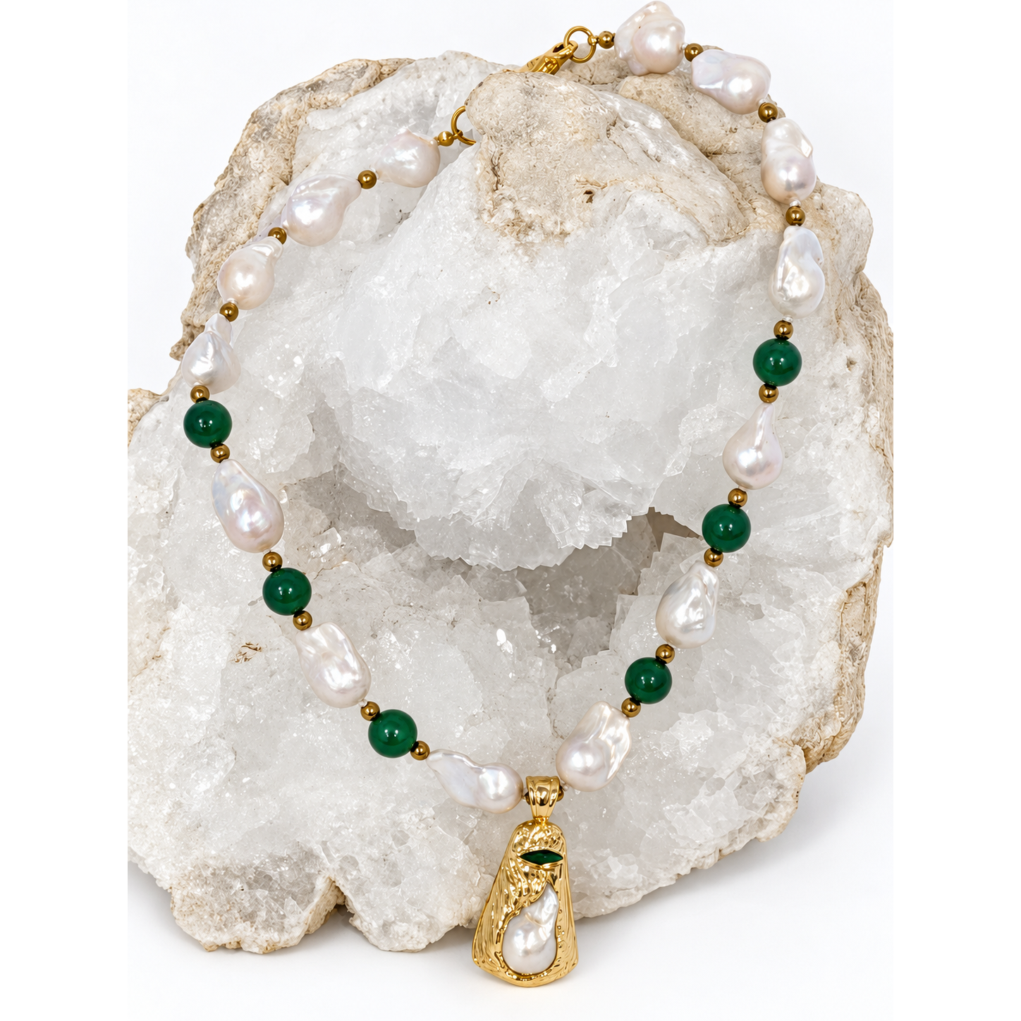 One-of-a-kind necklace with natural baroque pearls, green agate, gold-plated brass details, and a statement pearl and green agate pendant.