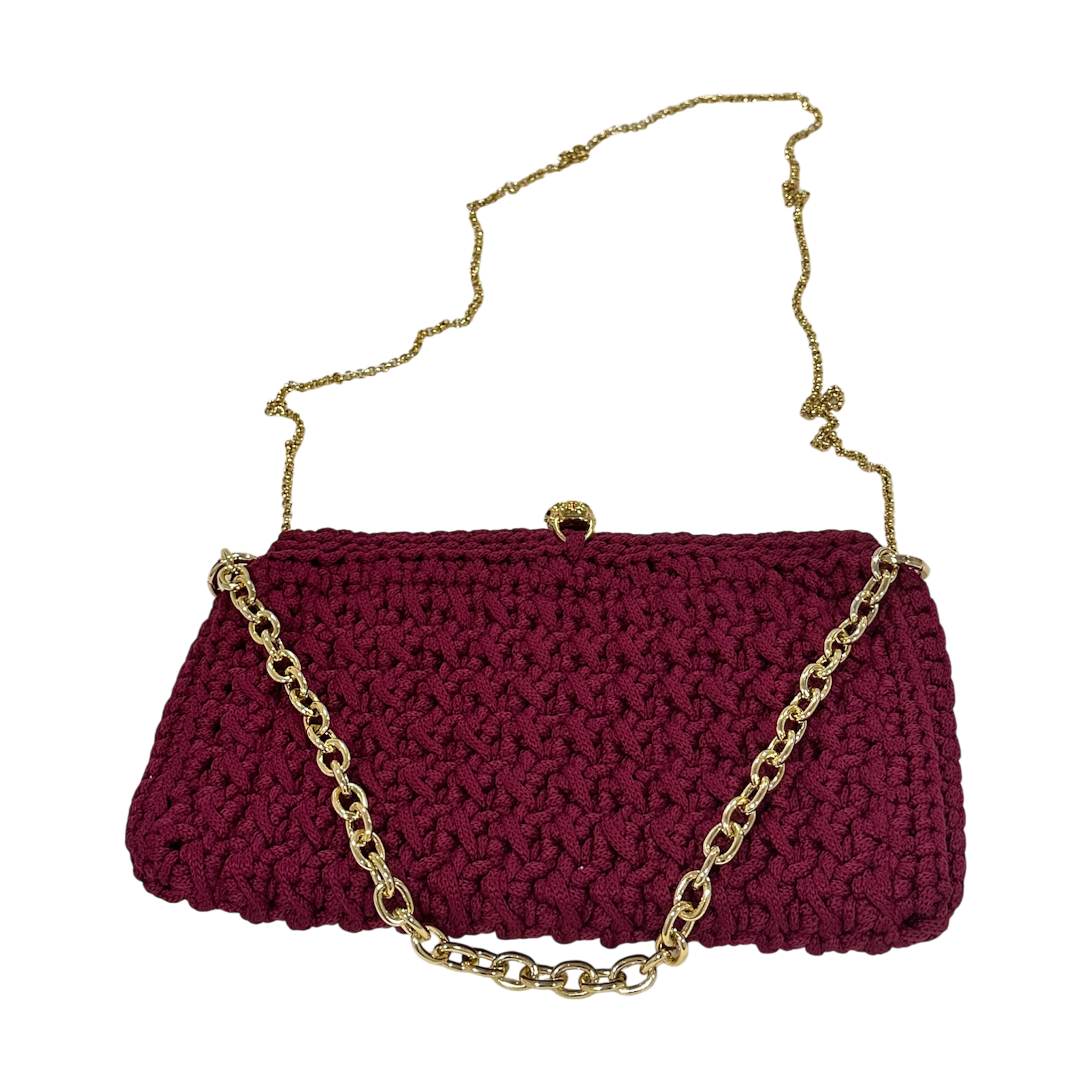 Magenta hand-crocheted Bertha clutch featuring a gold-tone tiger clasp, interchangeable gold chain, and refined rectangular silhouette.