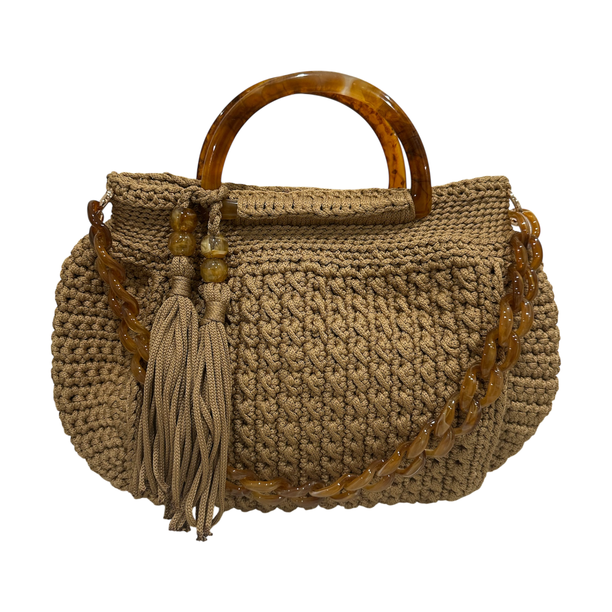 Giselle Honeydune handbag, hand-crocheted beige luxury bag with resin handle, tassel detail and chain strap for elegant day-to-evening wear