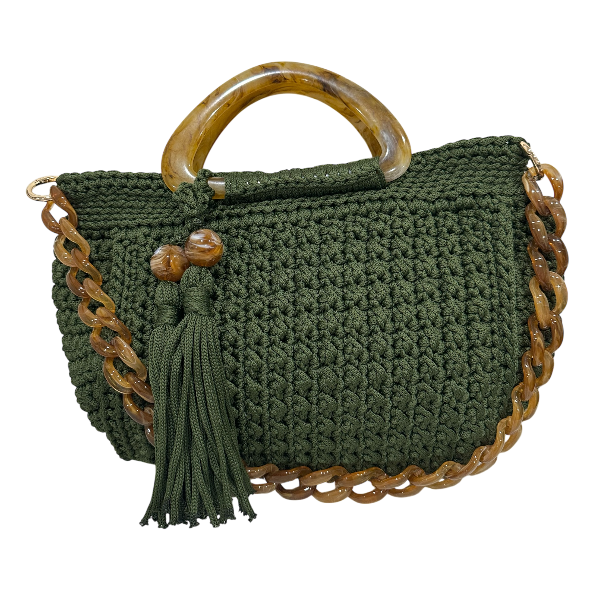 Hand-crocheted Giselle handbag in a deep moss green tone with dimensional textured stitching, featuring marbled resin round handles, a coordinating chain strap, and tassel accents with polished bead details.
