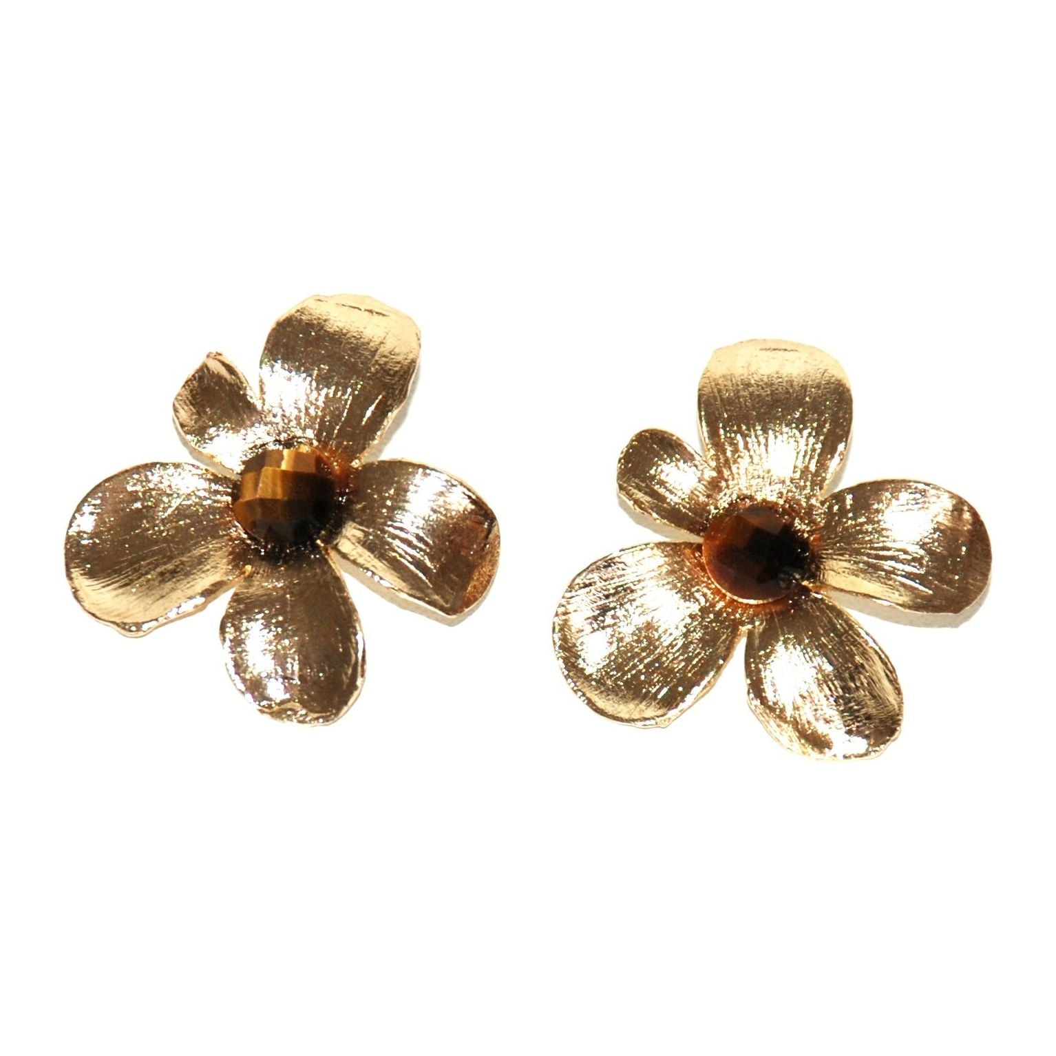 Gold-plated flower earrings with tiger eye cabochons and sculptural metallic petals in warm golden brown tones