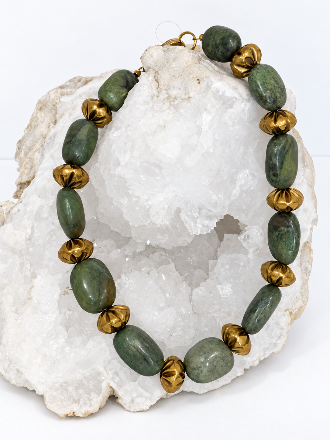 El Dorado one-of-a-kind necklace with vintage green turquoise, aged-gold vintage brass beads and oversized lobster clasp
