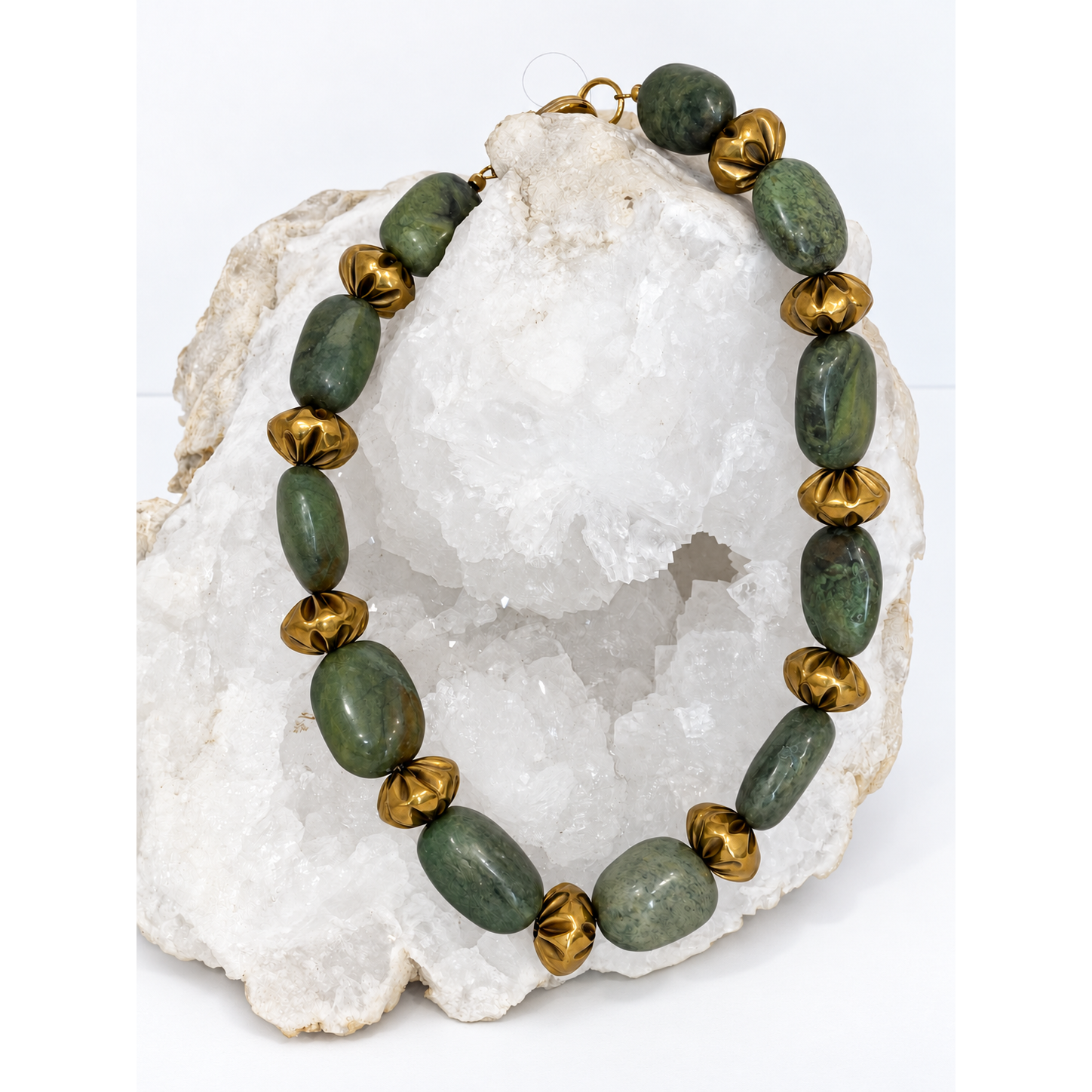 El Dorado one-of-a-kind necklace with vintage green turquoise, aged-gold vintage brass beads and oversized lobster clasp