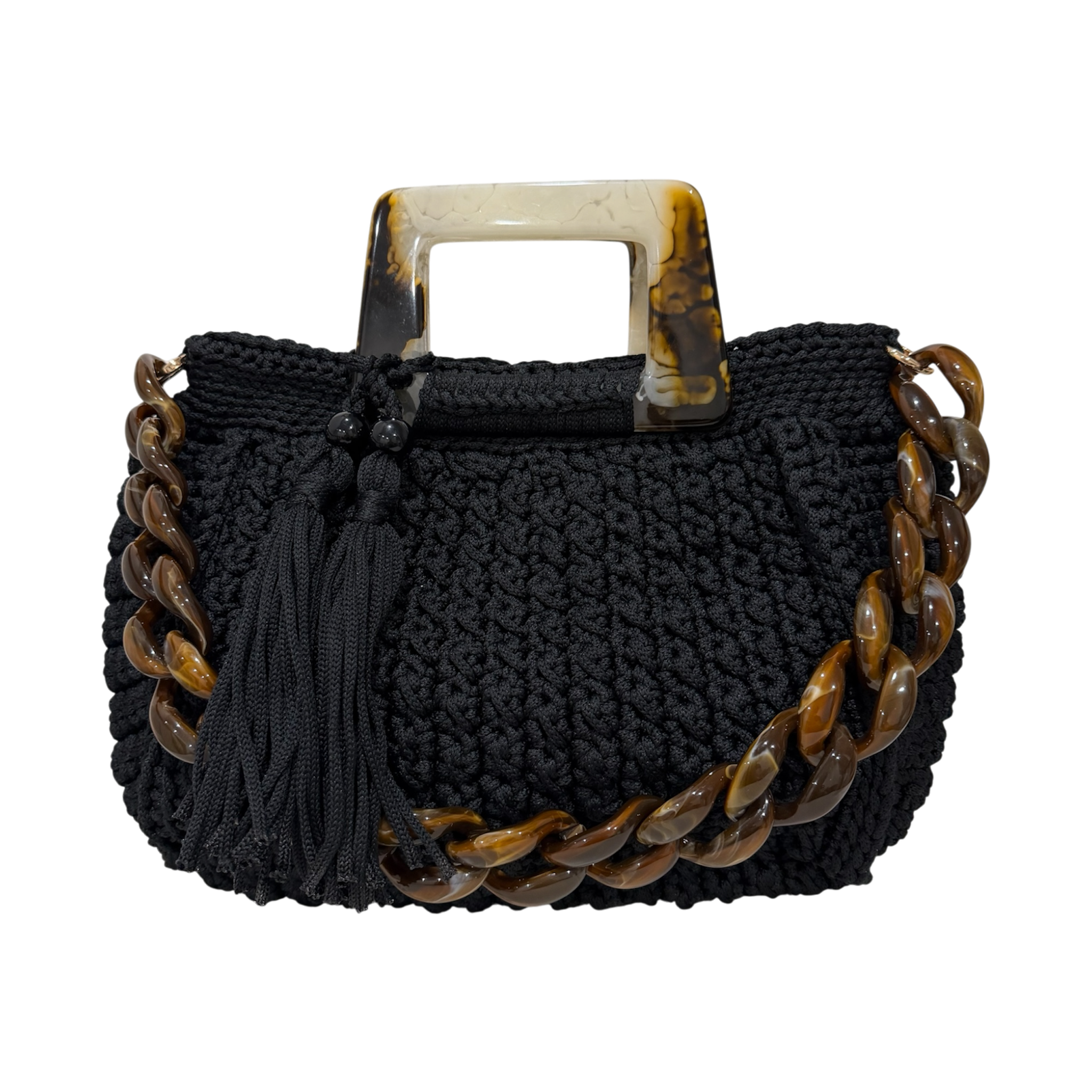 Black hand-crocheted Giselle handbag featuring a tortoiseshell resin handle, coordinating resin chain, and textured crochet body