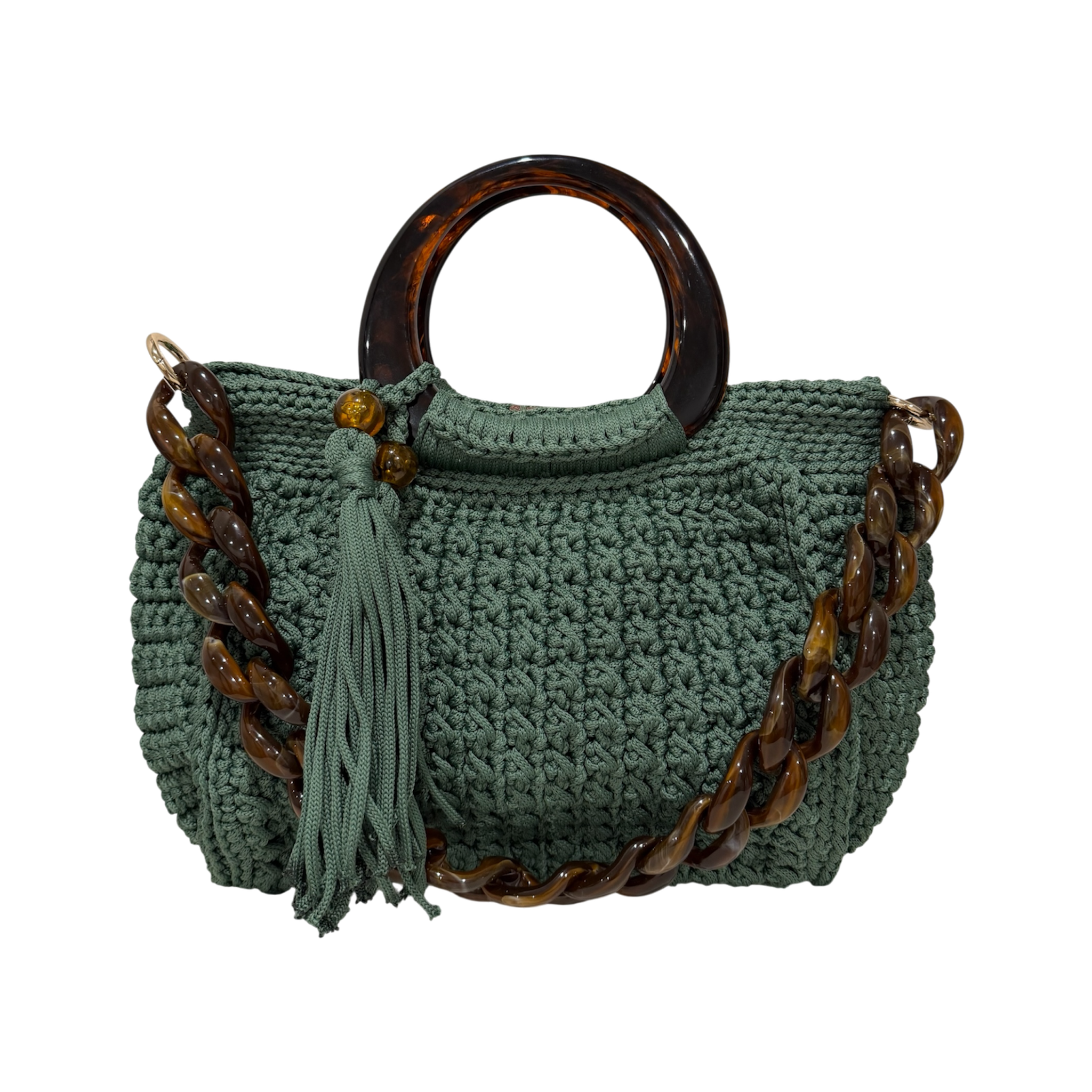 Green hand-crocheted Giselle handbag with tortoiseshell resin handle, coordinating resin chain, and tassel detail