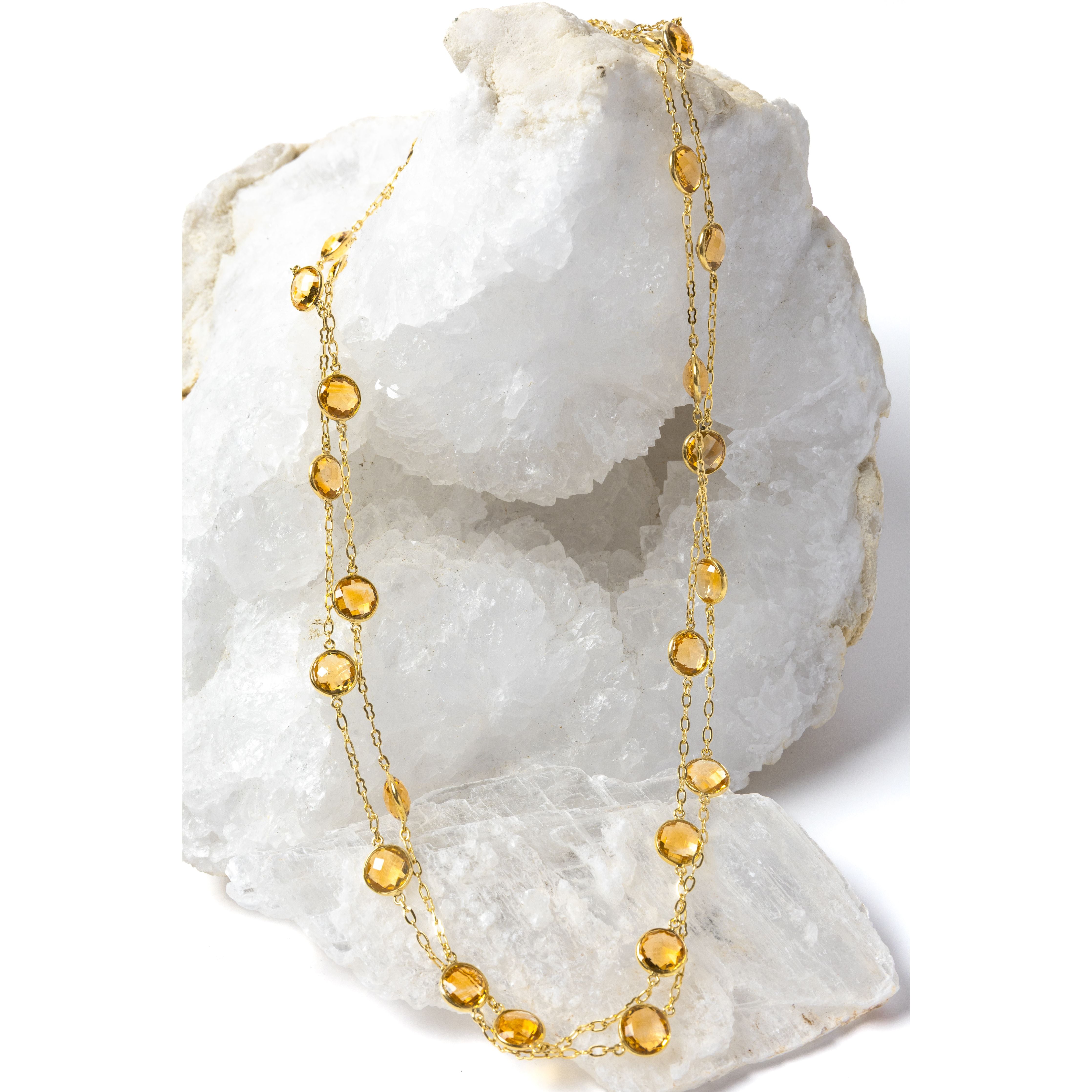 Golden Hour Citrine Necklace styled as a two-strand necklace, showcasing natural faceted citrine gemstones in gold-plated bezel settings for an elegant and versatile look.