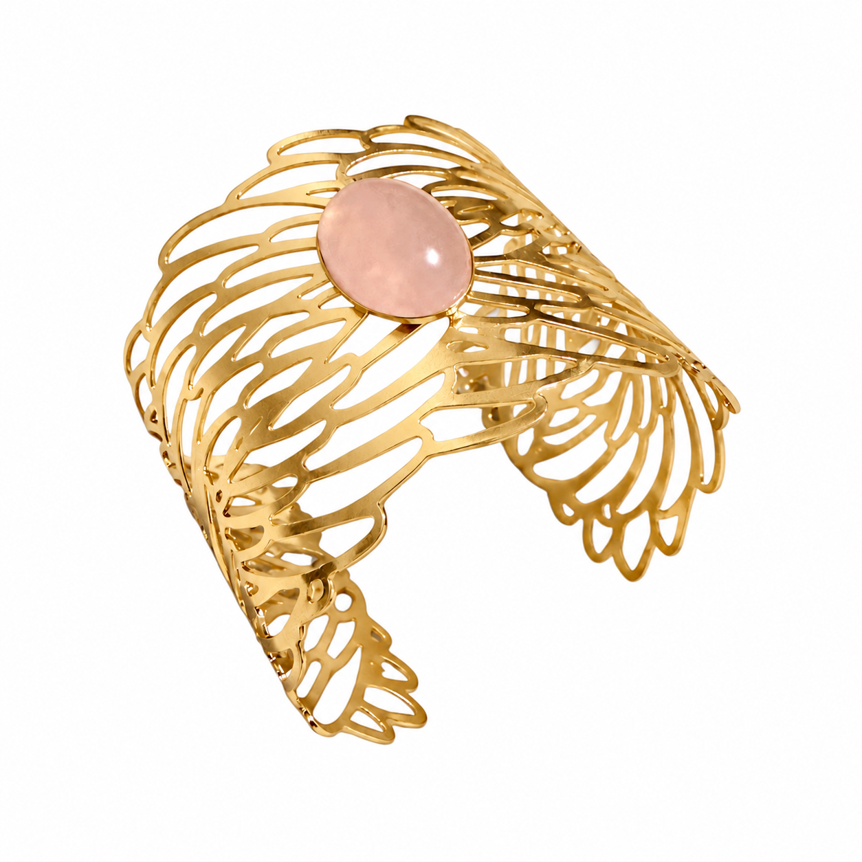 Golden Symphony Cuff featuring an 18 × 13 mm oval rose quartz cabochon framed by sweeping golden curves and intricate, airy openwork detailing.