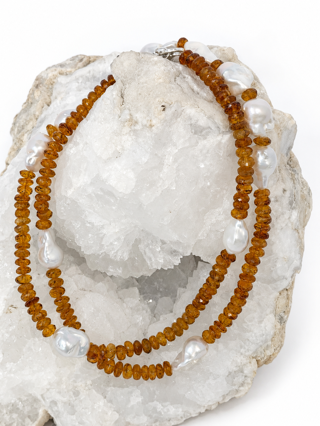 Golden Velvet 33-inch citrine and baroque pearl necklace styled doubled for a shorter asymmetrical two-strand look.