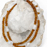 Golden Velvet 33-inch citrine and baroque pearl necklace styled doubled for a shorter asymmetrical two-strand look.
