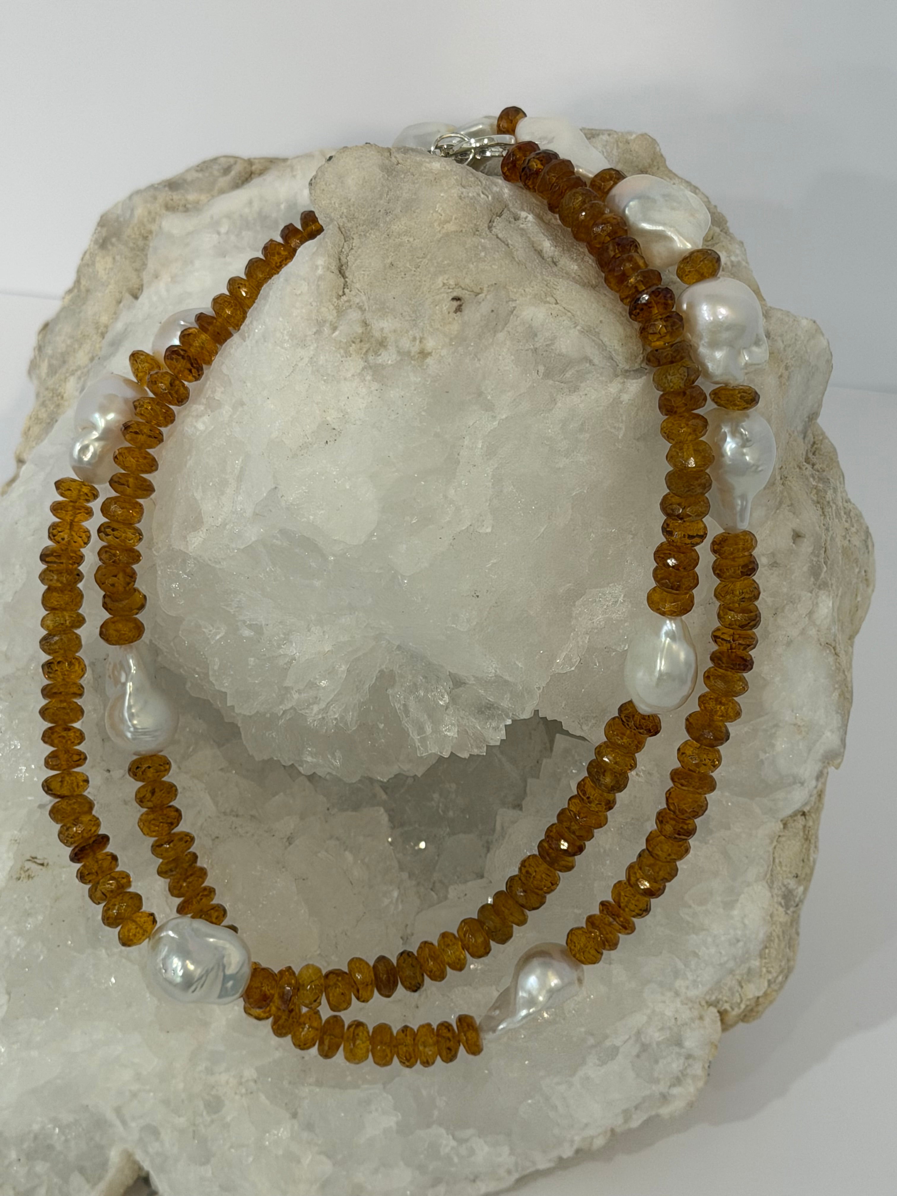 Golden Velvet 33-inch citrine and baroque pearl necklace styled doubled for a shorter two-strand look.