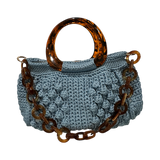 Light blue hand-crocheted Paloma handbag with tortoiseshell resin handle and chain strap, Blue Bloom
