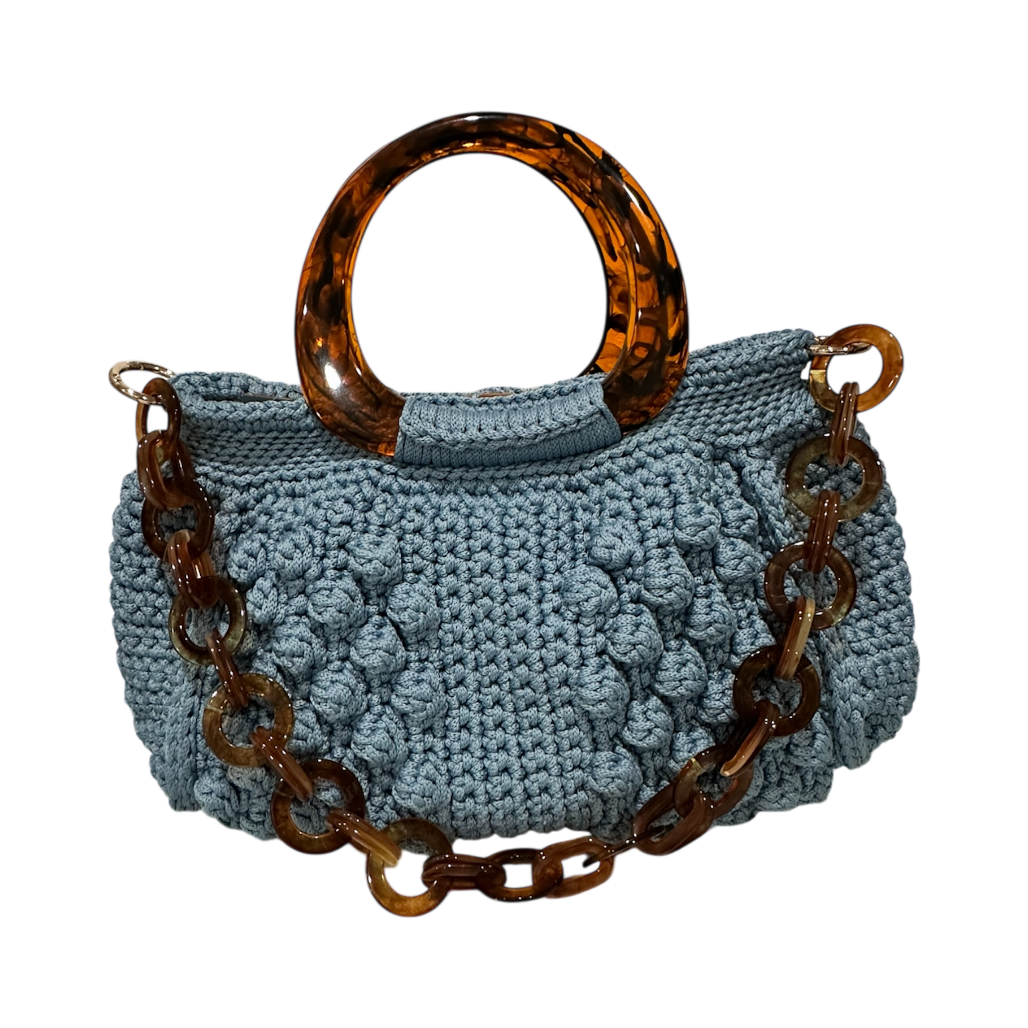 Light blue hand-crocheted Paloma handbag with tortoiseshell resin handle and chain strap, Blue Bloom