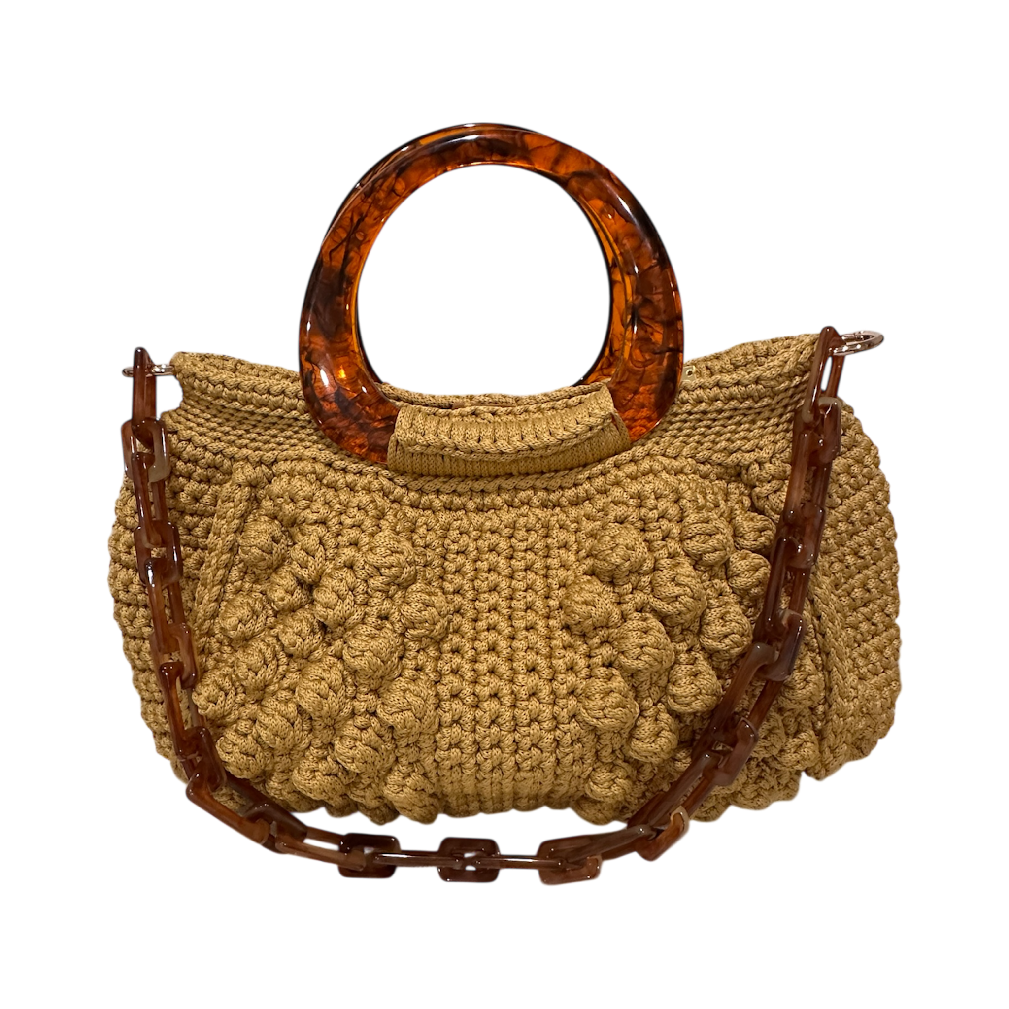 Paloma Bloomfield handbag, hand-crocheted luxury bag in warm golden tone with sculptural resin handle, textured crochet detail and chain strap